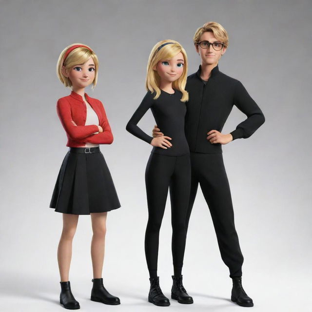 Chloe Bourgeois and Adrien Agreste from the animated series Miraculous: Tales of Ladybug and Cat Noir, standing side by side in a friendly pose.