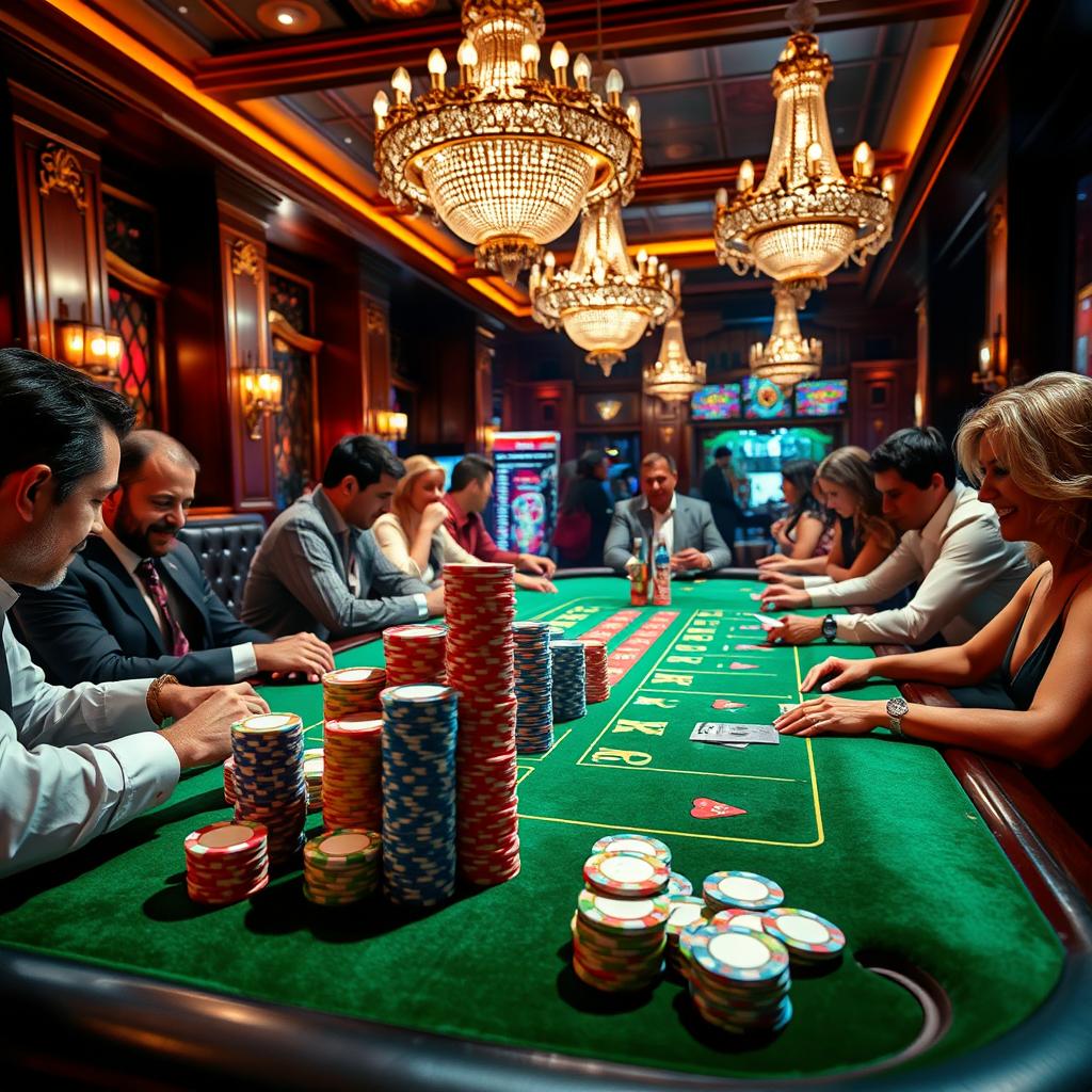 A vibrant casino table surrounded by an elegant atmosphere, featuring colorful chips stacked neatly and shining under the soft lights