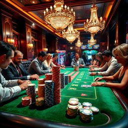 A vibrant casino table surrounded by an elegant atmosphere, featuring colorful chips stacked neatly and shining under the soft lights