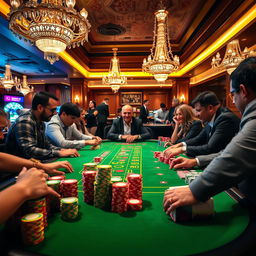 A vibrant casino table surrounded by an elegant atmosphere, featuring colorful chips stacked neatly and shining under the soft lights