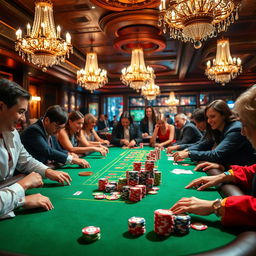 A vibrant casino table surrounded by an elegant atmosphere, featuring colorful chips stacked neatly and shining under the soft lights