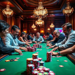 A vibrant casino table surrounded by an elegant atmosphere, featuring colorful chips stacked neatly and shining under the soft lights