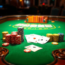 An empty casino table featuring a luxurious green felt surface, perfectly arranged with stacks of vibrant poker chips in an array of colors