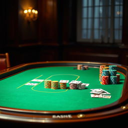 An empty casino table featuring a luxurious green felt surface, perfectly arranged with stacks of vibrant poker chips in an array of colors