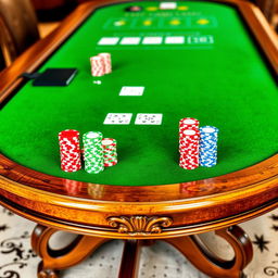 An empty casino table featuring a luxurious green felt surface, perfectly arranged with stacks of vibrant poker chips in an array of colors