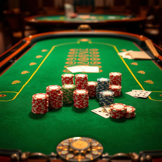 An empty casino table featuring a luxurious green felt surface, perfectly arranged with stacks of vibrant poker chips in an array of colors