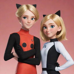 Chloe Bourgeois and Adrien Agreste from the animated series Miraculous: Tales of Ladybug and Cat Noir, standing side by side in a friendly pose.