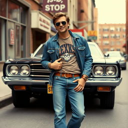 A realistic vintage-style photograph from the 1970s featuring an adult American man dressed in classic streetwear attire