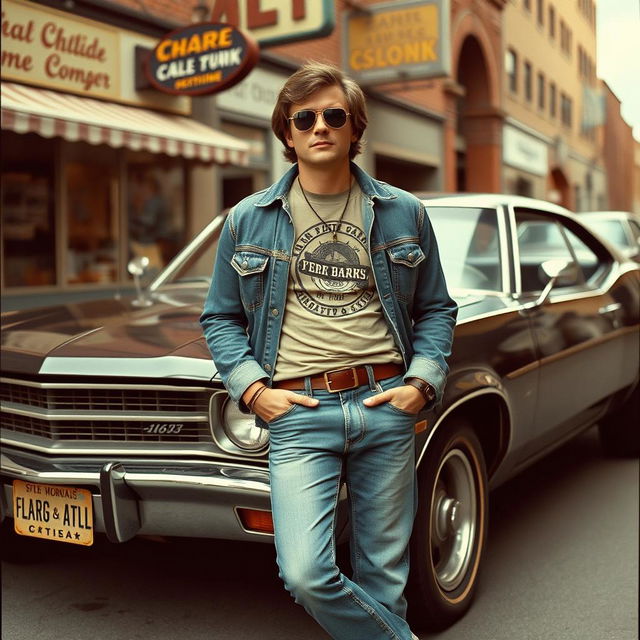 A realistic vintage-style photograph from the 1970s featuring an adult American man dressed in classic streetwear attire