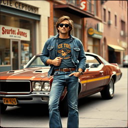 A realistic vintage-style photograph from the 1970s featuring an adult American man dressed in classic streetwear attire