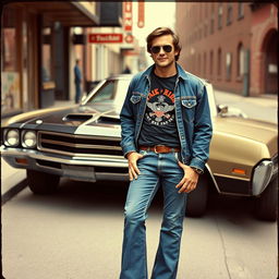 A realistic vintage-style photograph from the 1970s featuring an adult American man dressed in classic streetwear attire