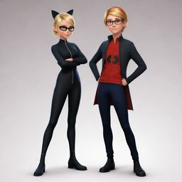 Chloe Bourgeois and Adrien Agreste from the animated series Miraculous: Tales of Ladybug and Cat Noir, standing side by side in a friendly pose.