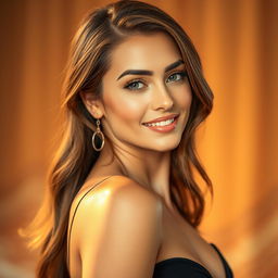 A captivating portrait of a beautiful woman with alluring features and a confident expression, wearing a stylish, form-fitting outfit that accentuates her curves