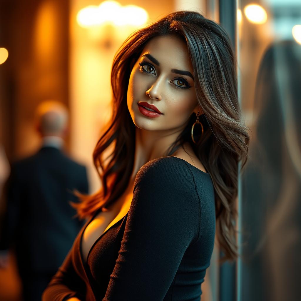 A captivating portrait of a beautiful woman with alluring features and a confident expression, wearing a stylish, form-fitting outfit that accentuates her curves