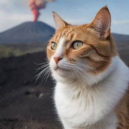 A vigilant cat with a focused gaze, observing an imminent volcanic eruption in the near distance.