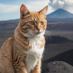 A vigilant cat with a focused gaze, observing an imminent volcanic eruption in the near distance.