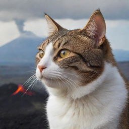 A vigilant cat with a focused gaze, observing an imminent volcanic eruption in the near distance.