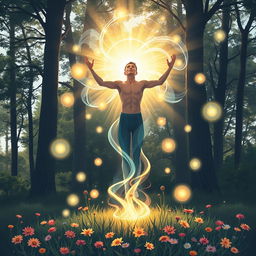 A dynamic and powerful illustration showcasing a person engaged in energy work, standing confidently in a serene outdoor environment