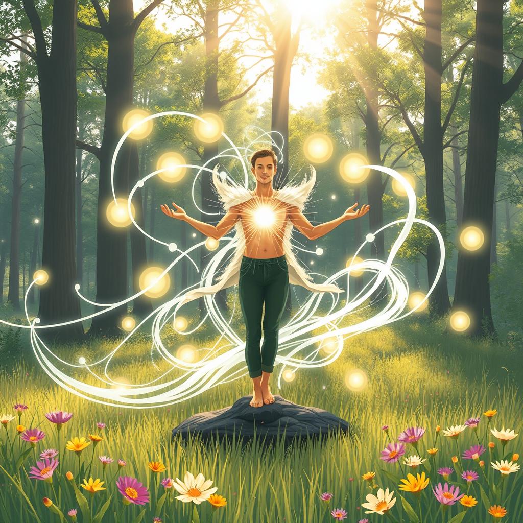 A dynamic and powerful illustration showcasing a person engaged in energy work, standing confidently in a serene outdoor environment