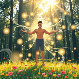 A dynamic and powerful illustration showcasing a person engaged in energy work, standing confidently in a serene outdoor environment