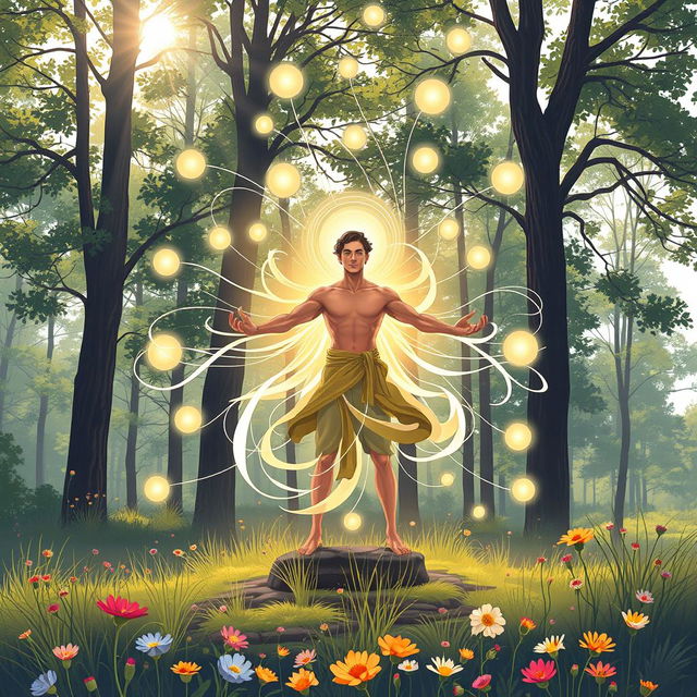 A dynamic and powerful illustration showcasing a person engaged in energy work, standing confidently in a serene outdoor environment