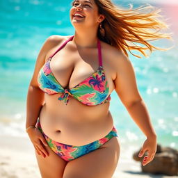 A confident plus-size woman with big breasts, wearing a stylish and colorful bikini that celebrates her curves