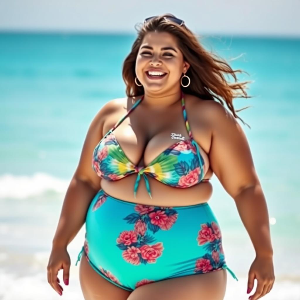 A confident plus-size woman with big breasts, wearing a stylish and colorful bikini that celebrates her curves