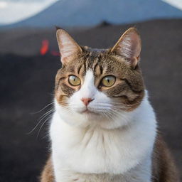 A vigilant cat with a focused gaze, observing an imminent volcanic eruption in the near distance.