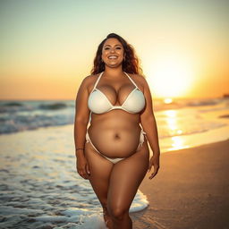 A confident plus-size woman with prominent breasts, wearing a stylish bikini on a sunlit beach