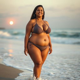 A confident plus-size woman with prominent breasts, wearing a stylish bikini on a sunlit beach