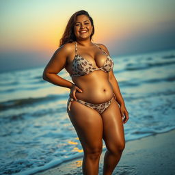 A confident plus-size woman with prominent breasts, wearing a stylish bikini on a sunlit beach