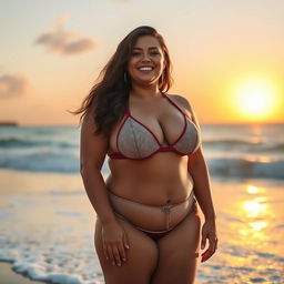 A confident plus-size woman with prominent breasts, wearing a stylish bikini on a sunlit beach