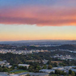 A panoramic view of Silicon Valley at sunset, showcasing tech company buildings, rolling hills, and a beautifully vibrant sky