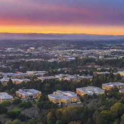 A panoramic view of Silicon Valley at sunset, showcasing tech company buildings, rolling hills, and a beautifully vibrant sky