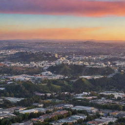 A panoramic view of Silicon Valley at sunset, showcasing tech company buildings, rolling hills, and a beautifully vibrant sky