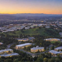 A panoramic view of Silicon Valley at sunset, showcasing tech company buildings, rolling hills, and a beautifully vibrant sky