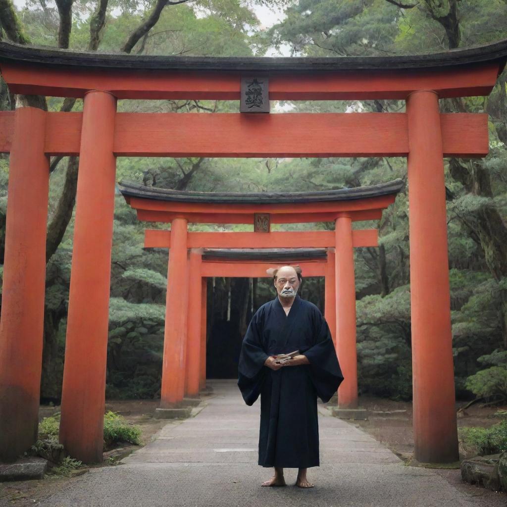 A mysterious Yokai with a pronounced horn, standing under the iconic Japanese torii gates, creating a striking juxtaposition between the supernatural and the traditional.