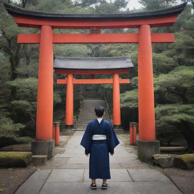 A mysterious Yokai with a pronounced horn, standing under the iconic Japanese torii gates, creating a striking juxtaposition between the supernatural and the traditional.