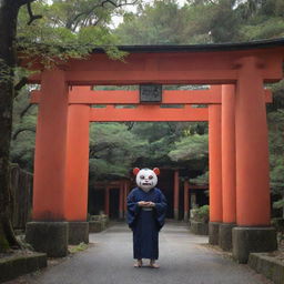 A mysterious Yokai with a pronounced horn, standing under the iconic Japanese torii gates, creating a striking juxtaposition between the supernatural and the traditional.