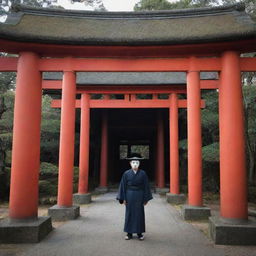 A mysterious Yokai with a pronounced horn, standing under the iconic Japanese torii gates, creating a striking juxtaposition between the supernatural and the traditional.