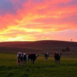 A serene landscape featuring female cows grazing peacefully at sunset, positioned in the distance