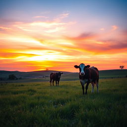 A serene landscape featuring female cows grazing peacefully at sunset, positioned in the distance