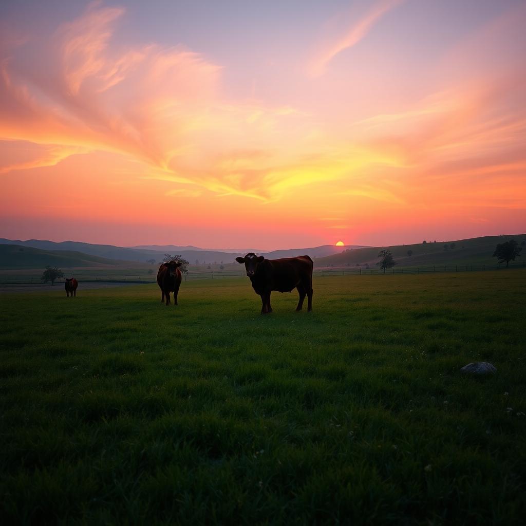 A serene landscape featuring female cows grazing peacefully at sunset, positioned in the distance