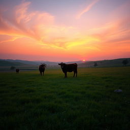 A serene landscape featuring female cows grazing peacefully at sunset, positioned in the distance