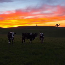 A serene landscape featuring female cows grazing peacefully at sunset, positioned in the distance