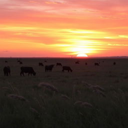 A picturesque scene of female cows grazing in a vast open field during an African sunset