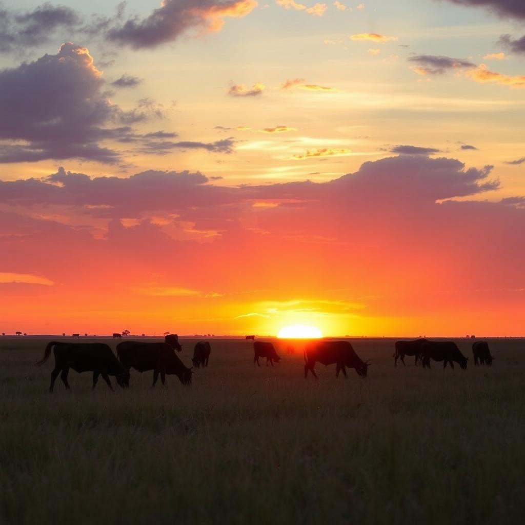 A picturesque scene of female cows grazing in a vast open field during an African sunset