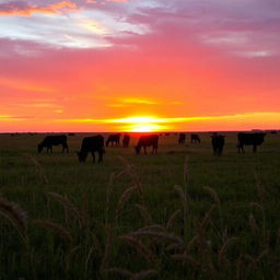 A picturesque scene of female cows grazing in a vast open field during an African sunset