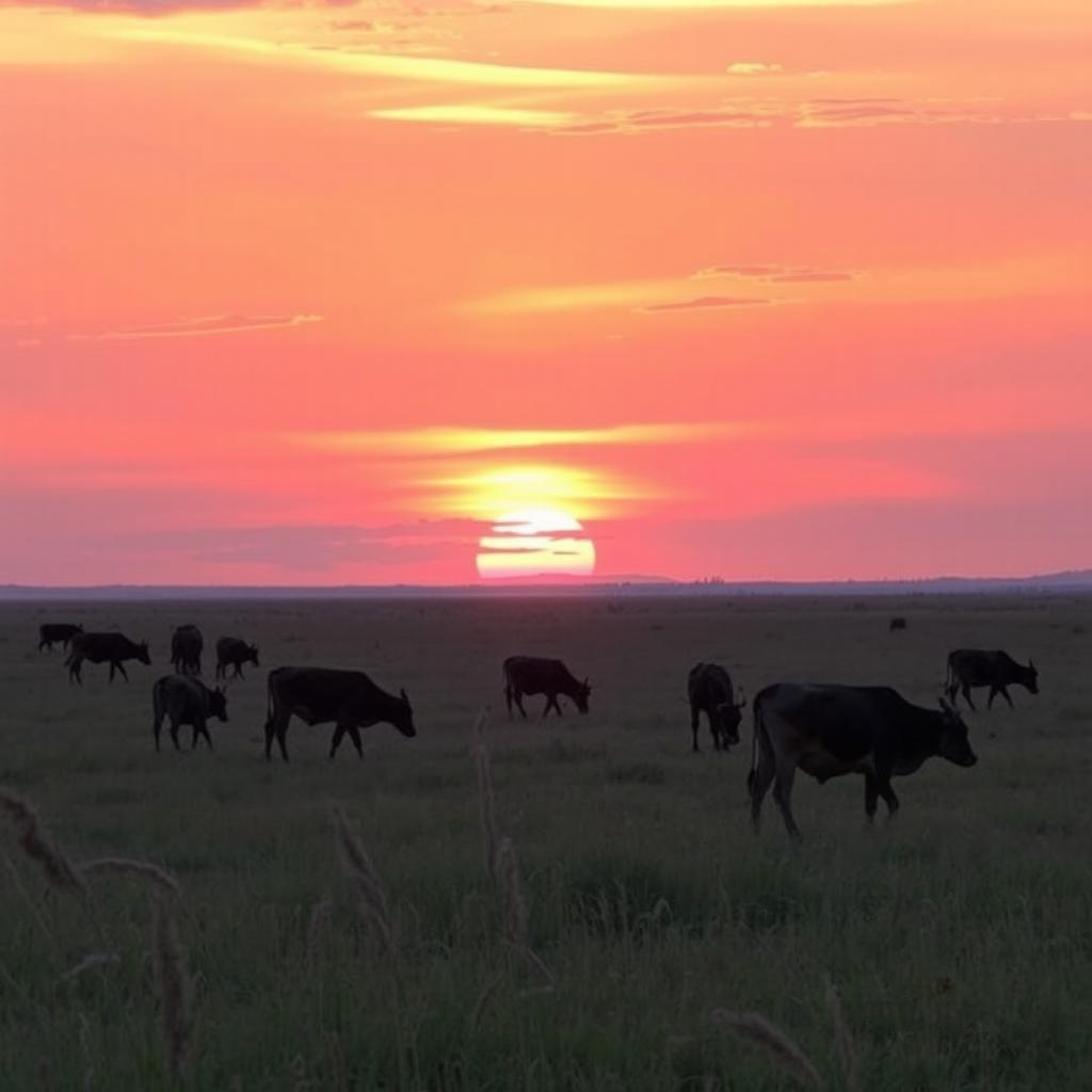 A picturesque scene of female cows grazing in a vast open field during an African sunset