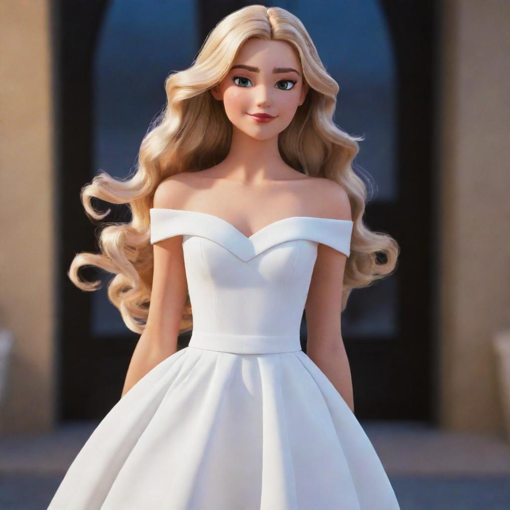 Chloe Bourgeois from the animated series 'Miraculous: Tales of Ladybug and Cat Noir', dressed in an elegant, simple white dress, with her long, wavy hair flowing freely.